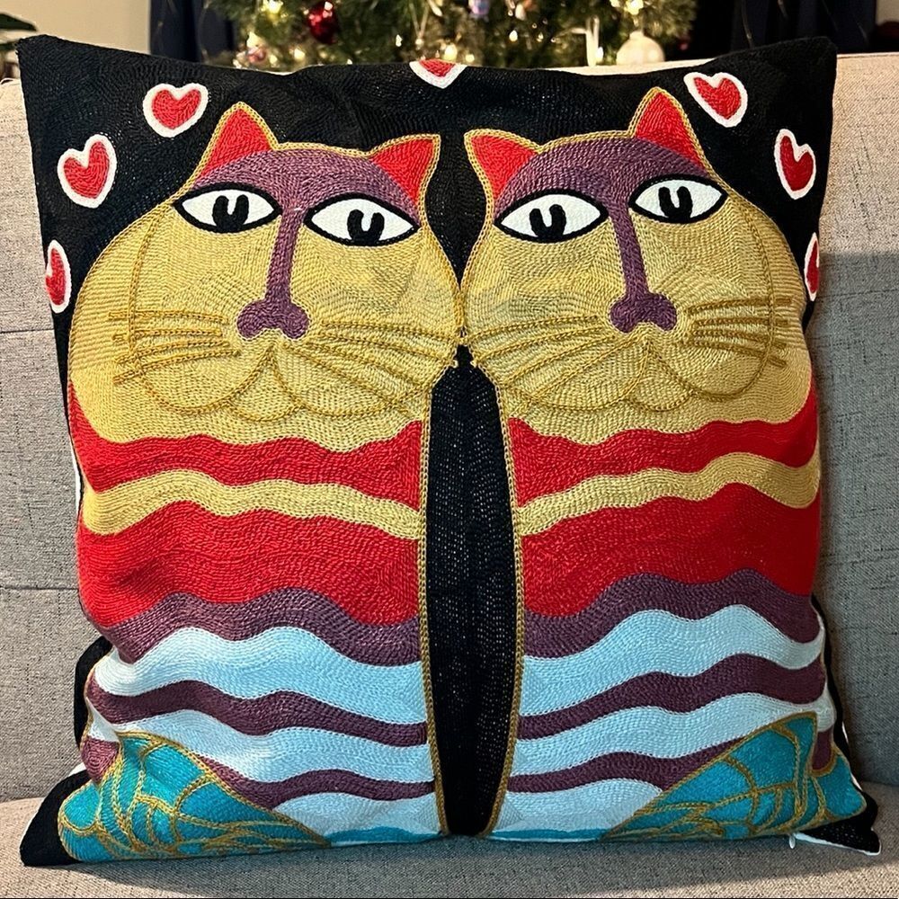 Cats in Love Embroidered Laurel Burch Cat Art Inspired Throw Pillow Cover